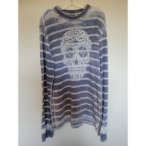 Hybrid Mens Skull Art Graphic T Shirt Mens Medium Blue White Long Sleeve Skull